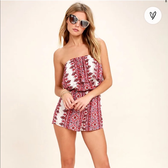 Billabong New Story Red Print Strapless Romper - Picture 1 of 6